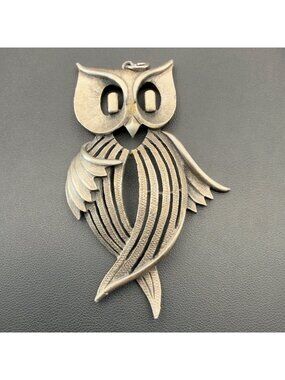 Vintage Owl Pendant Silver Tone Openwork Large Mid Century Style Necklace Charm